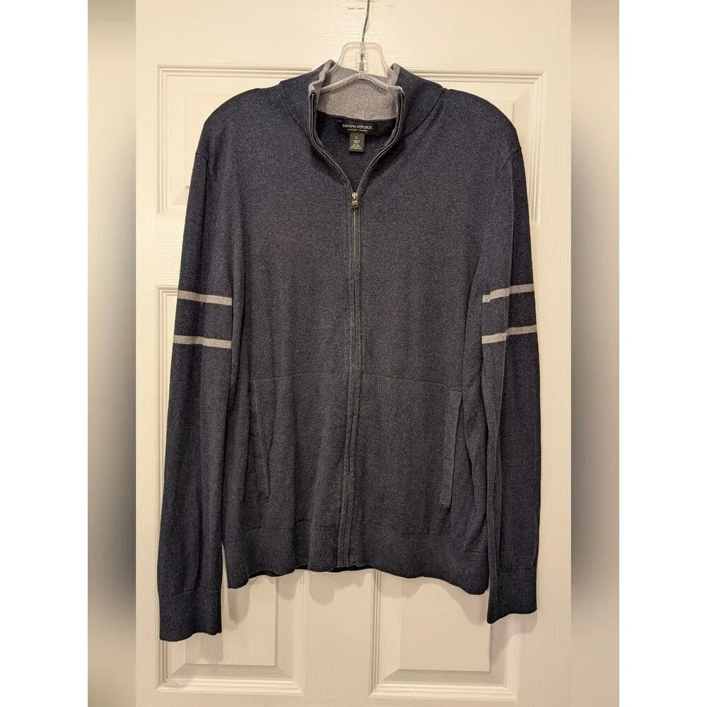 Banana Republic Luxury Blend Zip-Up Sweater Men’s L Silk Cashmere Navy Lightweig